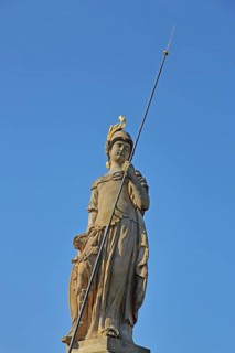 Minerva fountain with Minerva sculpture and lance, fountain, roman, goddess, mythology,