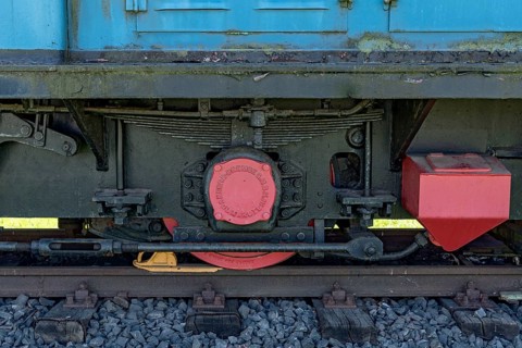 Wheel on rail with brake from Knorr-Bremse, vintage electric locomotive no. 3 from Krupp AEG,