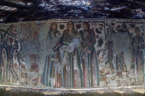 Ruined vandalised interior of Buzludzha monument former communist party headquarters, Bulgaria,