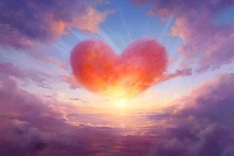 Painting of a heart-shaped cloud illuminated by the warm hues of sunset, floating above a serene