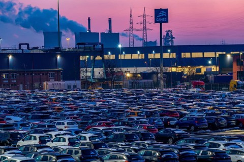 Car terminal in the Logport I inland port in Duisburg on the Rhine, vehicle handling of new cars,