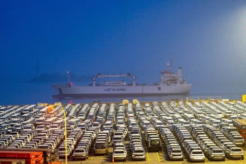 Parking space for import vehicles, hundreds of Hyundai Ioniq, electric cars, waiting for onward