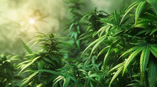 A field of green marijuana hemp plants. Concept of health and medicine usage and cultivation, AI