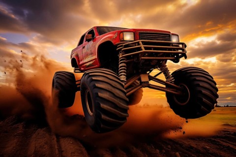 Monster truck driving and jumping outdoors amidst a cloud of dust. Thrill and adrenaline of an