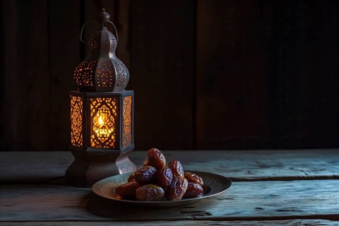 Ramadan lantern with a plate of succulent figs on dark background, set on an ornate table with