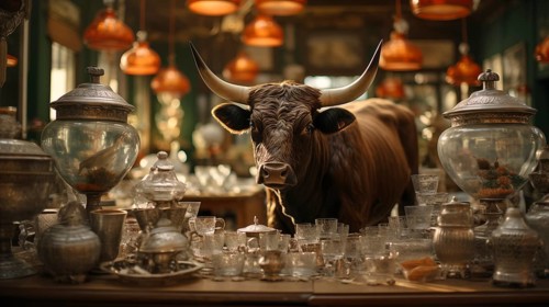 Very large bull with horns in a China shop filled with glassware. generative AI, AI generated
