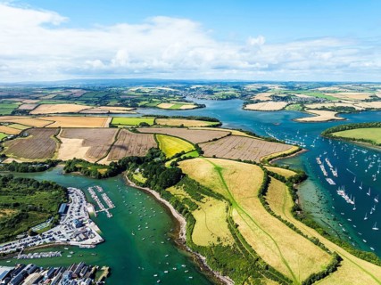 Salcombe and Mill Bay over Kingsbridge Estuary from a drone, Batson Creek, Southpool Creek, Devon,