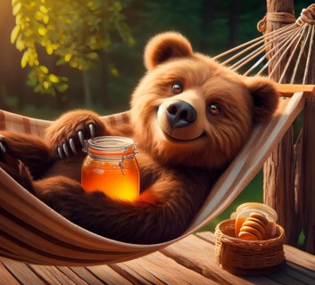 A brown bear lies in a hammock with a jar of honey, AI generated, AI generated