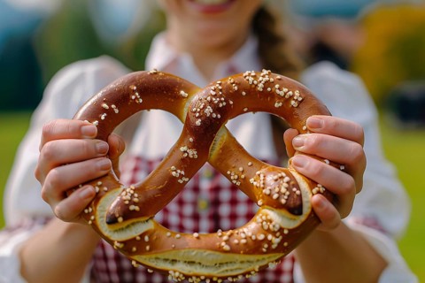 Close up of German pretzel held by hands of woman in traditional Bavarian attire. Generative AI, AI