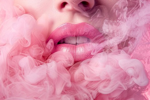Close up of woman's lips surrounded by pink smoke. KI generiert, generiert, AI generated