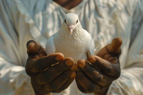 Close-up of a man's hands, with a white dove, dove of peace, AI generated, AI generated, AI