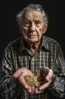 An elderly man holds coins in both hands and looks sadly into the camera, symbolising poverty in