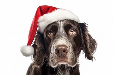 Portrait of dog with red Christmas Santa hat on white background. KI generiert, generiert AI