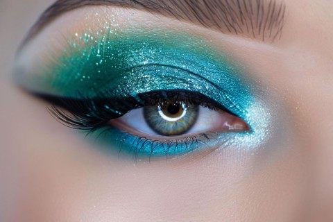 Woman's eye makeup with dteal blue eye shadow with glitter and long dark eye lashes. KI generiert,