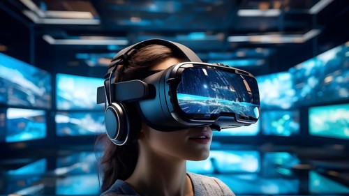 Three dimensional render of a woman wearing virtual reality glasses, AI generated