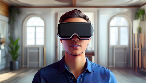 Three dimensional render of a man wearing virtual reality glasses, AI generated
