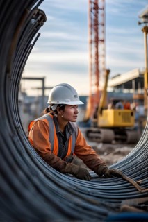 Portrait of a female construction worker with a white helmet, AI generated