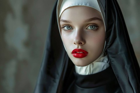 Face of young woman with red lipstick and christian nun habit with veil. Generative Ai, AI