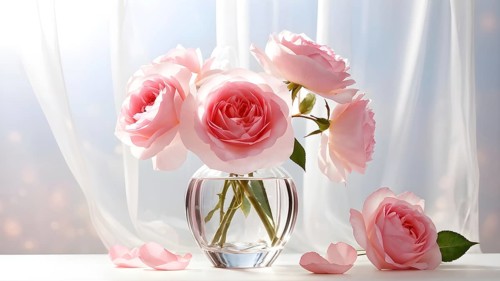 Transparent crystal glass vase with pink blooming roses, AI generated