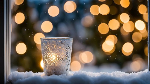 Snow-covered window with frost patterns, candlelight softly glowing through the glass, and warm,