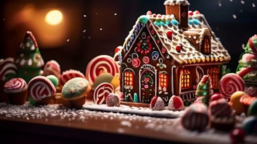Gingerbread house decorations, focusing on the intricate icing details, colorful candy, and soft,