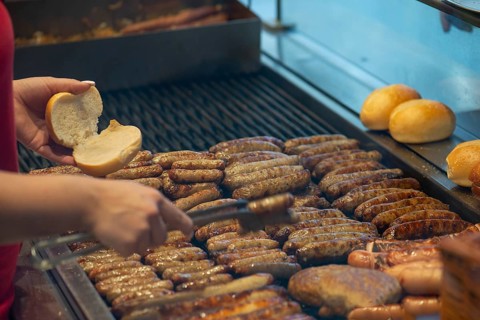 Nuremberg sausages on the grill, Nuremberg, Middle Franconia, Bavaria, Germany, Europe