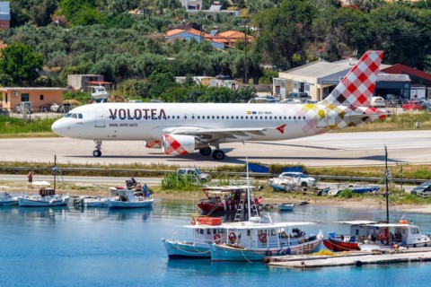 A Volotea Airbus A320 aircraft with the registration EC-NUO at Skiathos Airport, Greece, Europe