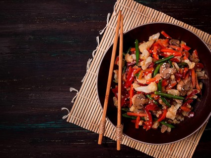 Wok, Asian-style vegetables, street food, mixed vegetables, no people, top view