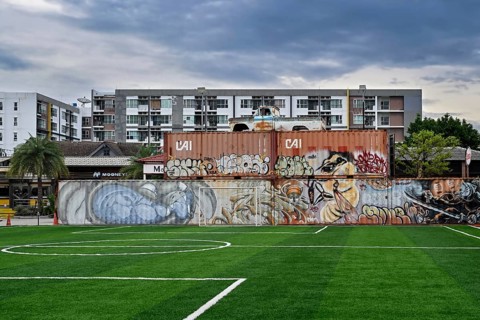 Football pitch with lorry container