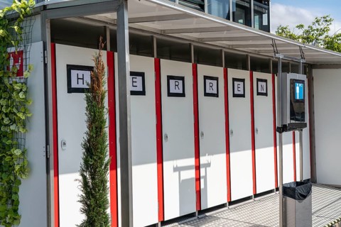 Toilets, at an open-air cinema, men's WC, toilet cubicles, Cologne, North Rhine-Westphalia,