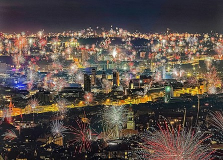 Stuttgart welcomes the New Year 2024 with fireworks over the city centre. In the centre of the