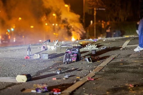 Stuttgart welcomes the New Year 2024, rubbish littering the streets after the big fireworks
