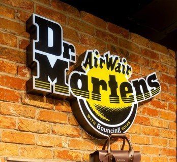Dr Martens shoeshop interior, Bath, Somerset, England, UK, Air Wair bouncing soles