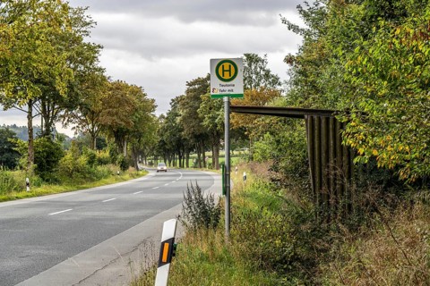 Bus stop in the countryside, on the L828, on Eggestraße, neglected bus shelter, line to