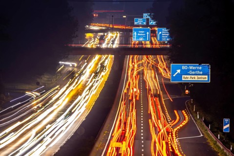 Motorway A40, Ruhrschnellweg, near Bochum, heavy evening traffic, in front of the motorway junction