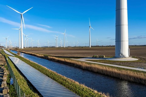 Solar park on the Slaperdijk dyke near the Eemshaven, test project, 17, 000 solar modules were