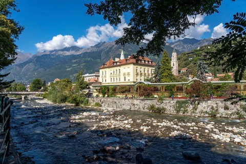 City view, skyline of Merano, river Passer, South Tyrol, Italy, Europe