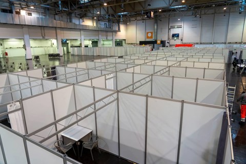 Construction of a vaccination centre for corona vaccinations, in a hall at Messe Essen, by the