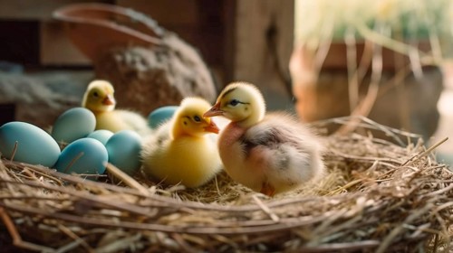 Cute newborn chick next to colorful easter eggs, generative AI, AI generated