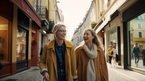 Two lesbian girlfriends walking along the streets of europe, generatvie AI, AI generated