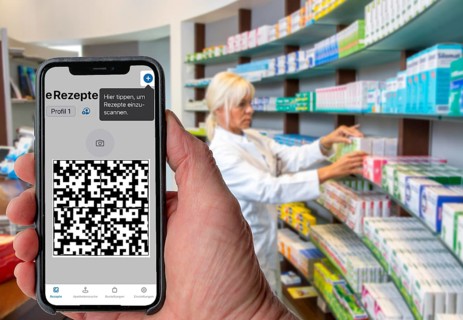 Symbolic image of an e-prescription, prescription issued by a doctor, with QR code, is scanned
