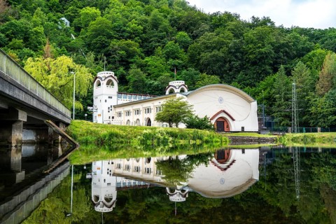 The historic Heimbach power station, at the Rur reservoir, hydroelectric power plant power station,