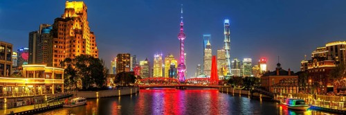 Shanghai skyline at the Bund with Oriental Pearl Tower city centre downtown panorama at night in