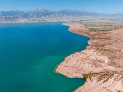 Aerial view, erosion landscape on the Naryn River, Toktogul Reservoir, Kyrgyzstan, Asia