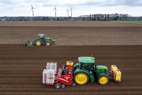 Early potatoes are laid in the soil of the field with a planting machine, tractor with roundabout
