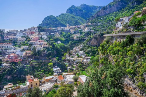 Panorama of the village in a dramatic location on the steep slopes of the coastal mountain range,