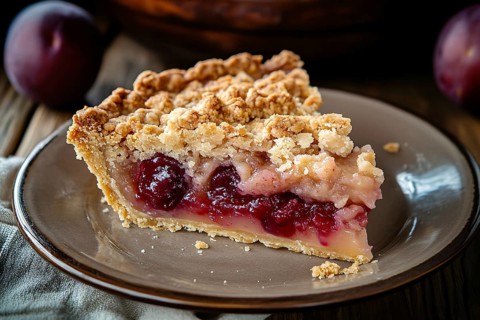 Slice of plum pie with crumbles topping on plate. Generative AI, AI generated