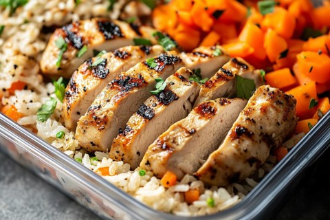 Close up of meal prep with healthy grilled chicken breast, carrots and rice. Generative Ai, AI