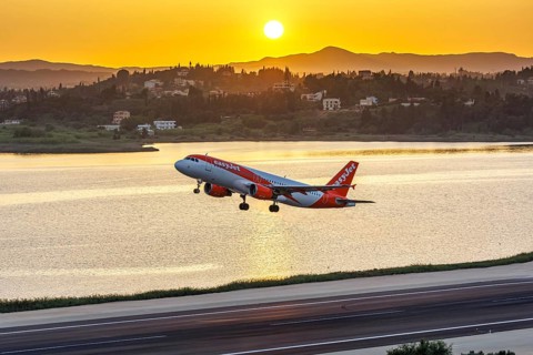 An EasyJet Airbus A320 aircraft with the registration G-EZUC at Corfu Airport, Greece, Europe
