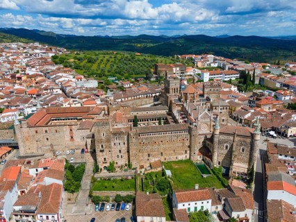 Aerial view of an old monastery with red roofs and surrounding green areas in a village in Spain.
